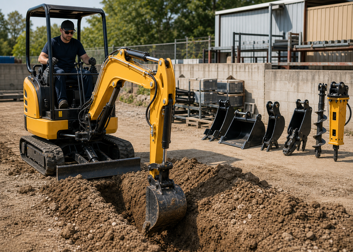 Mini Excavator Attachments That Actually Pay Off on Small Jobsites Mini excavator attachment package in real jobsite use